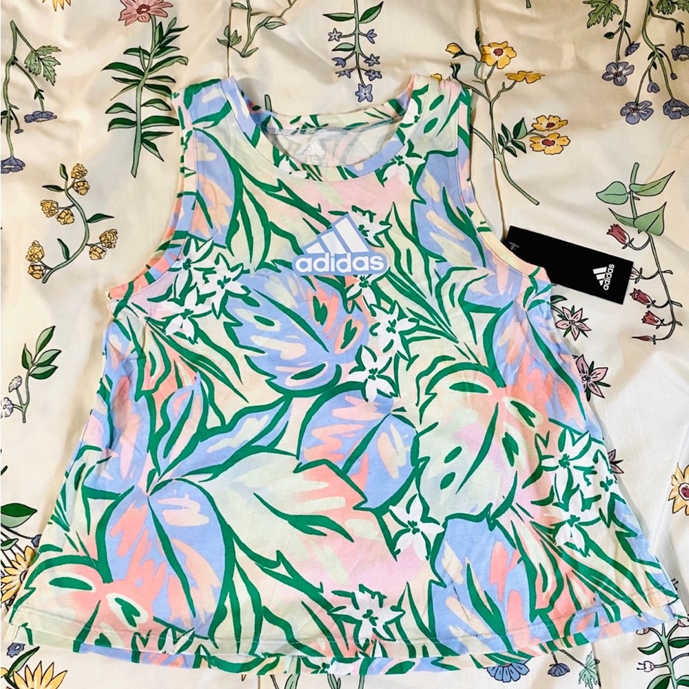 Adidas girls tropical palm leaves print tank top 7-8